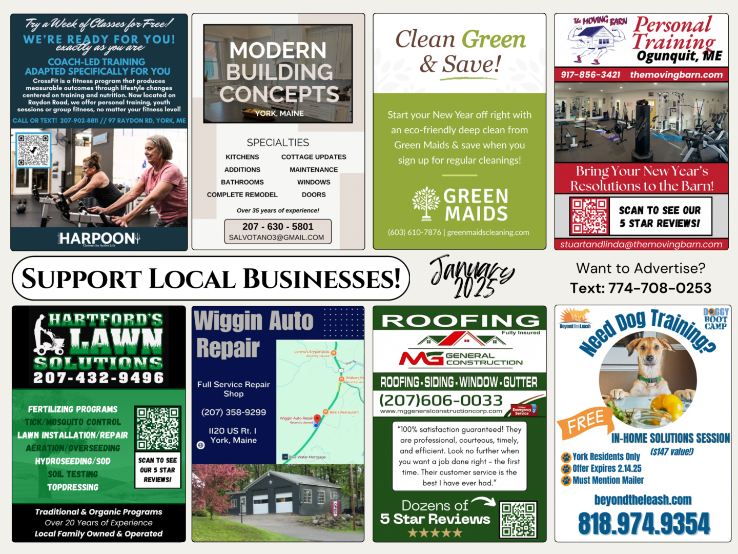 Sample 9x12 postcard front showing 8 local-business ad slots